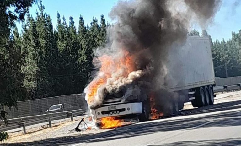 Camión resultó destruido por las llamas en el sector de los Saltos de Laja