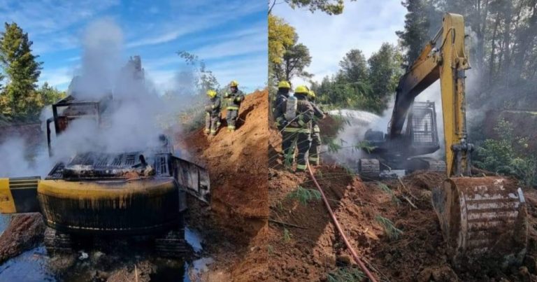 Retroexcavadora terminó destruida por las llamas en Mulchén