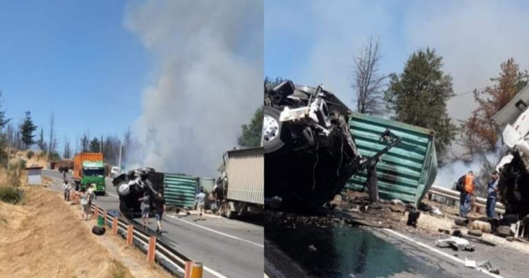 Colisión de camiones deja dos fallecidos e incendio forestal en la Ruta de La Madera