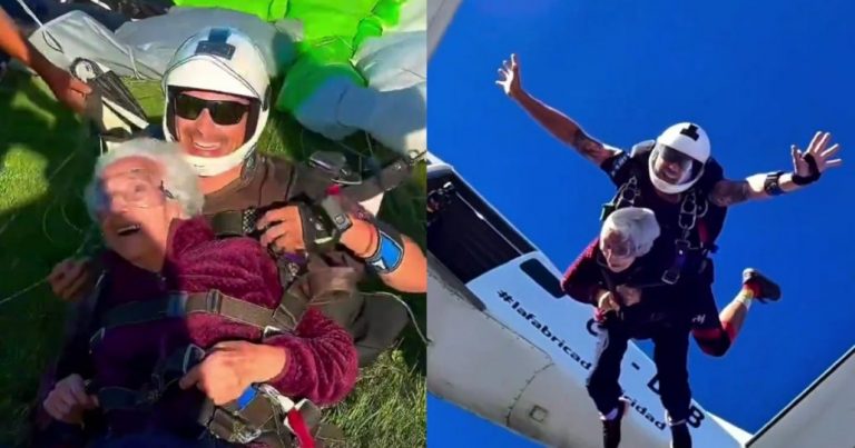 Con casi 96 años una abuelita de Talca cumplió su sueño y saltó en paracaídas