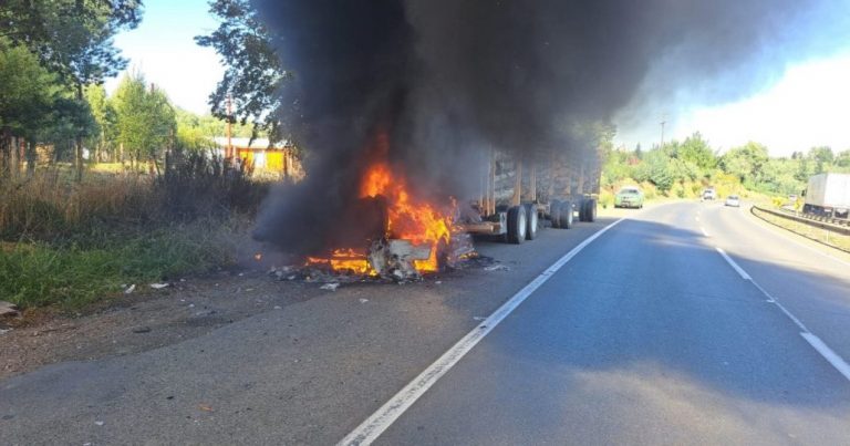 Cabina de camión maderero quedó completamente destruida por las llamas en Mulchén
