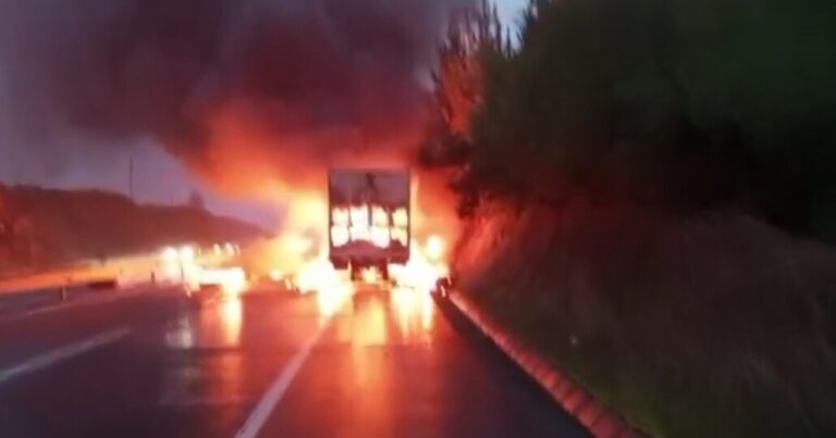 Un camión se incendió en plena ruta Itata: tránsito fue suspendido