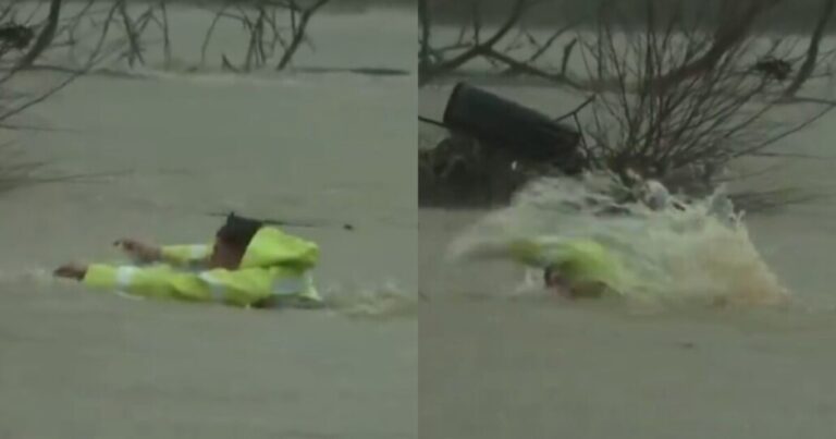 Captan a carabinero nadando en zona inundada en la Región del Biobío para ayudar a mujer atrapada: «Imágenes dramáticas»
